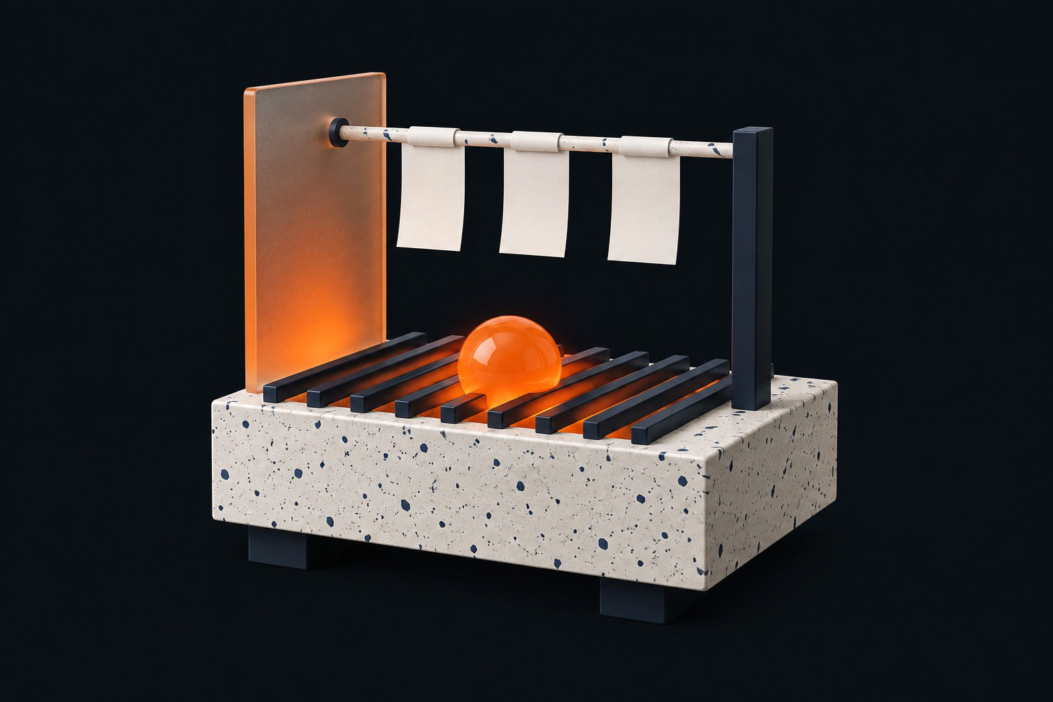 Abstract sculpture: a glowing orange ember under grill bars, order tickets on a rail