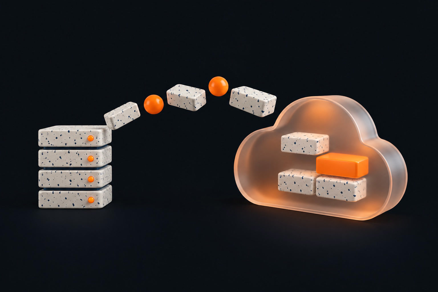 Abstract sculpture: blocks leaving a server stack and settling inside a glass cloud