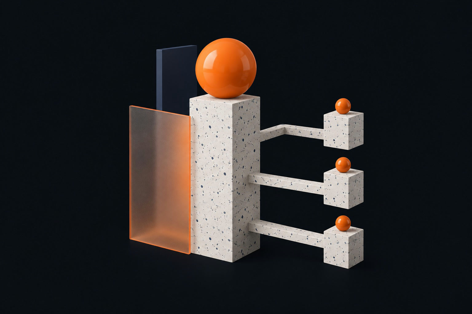 Abstract sculpture: an orange sphere on a central plinth, linked to three small cubes