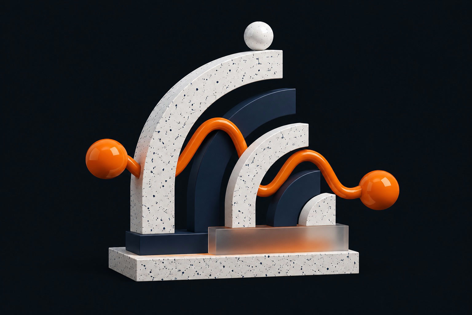 Abstract sculpture: nested arches with an orange signal wave running through them
